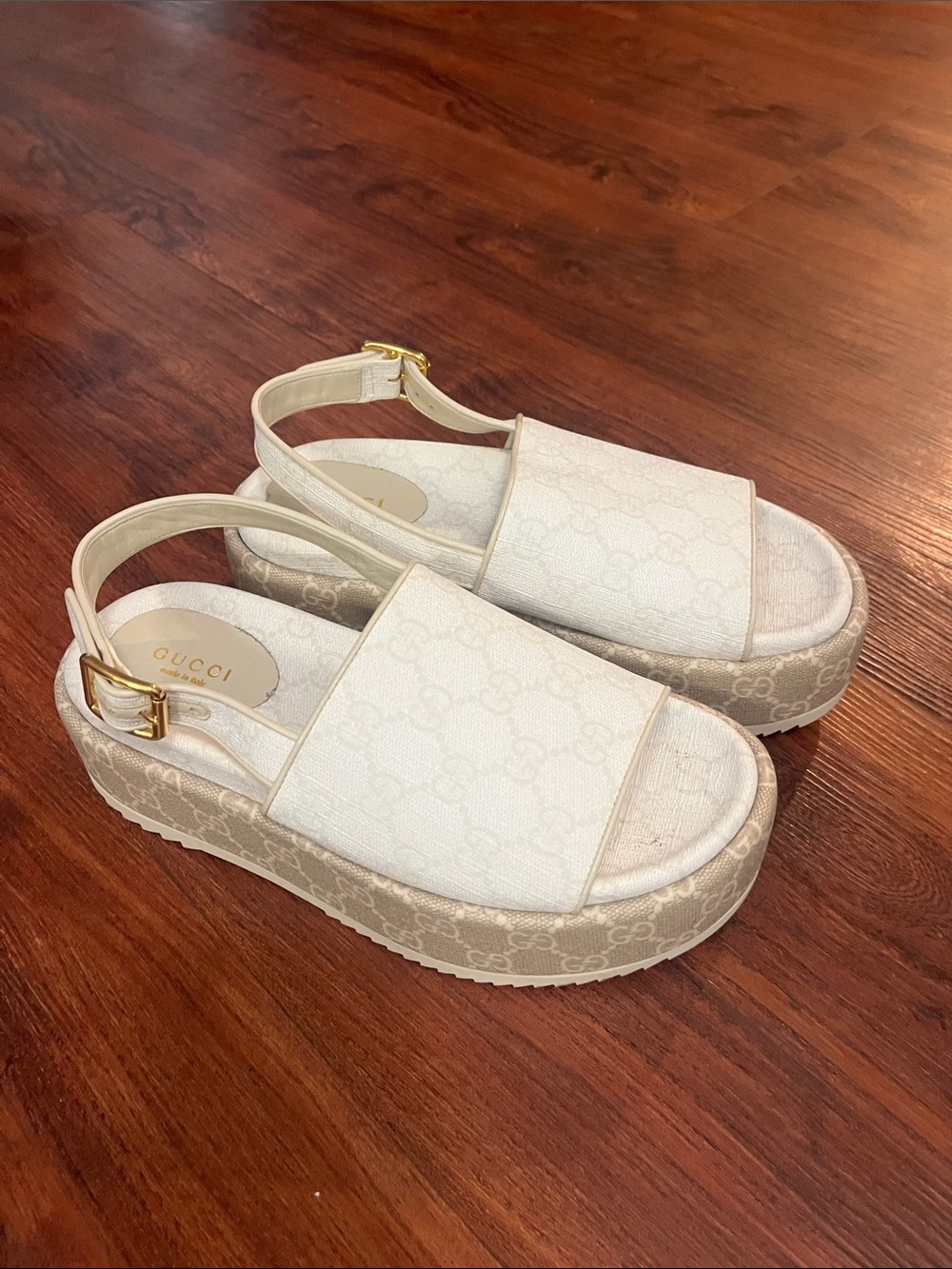 Gucci Cream and Gold Platform Slingback Sandals